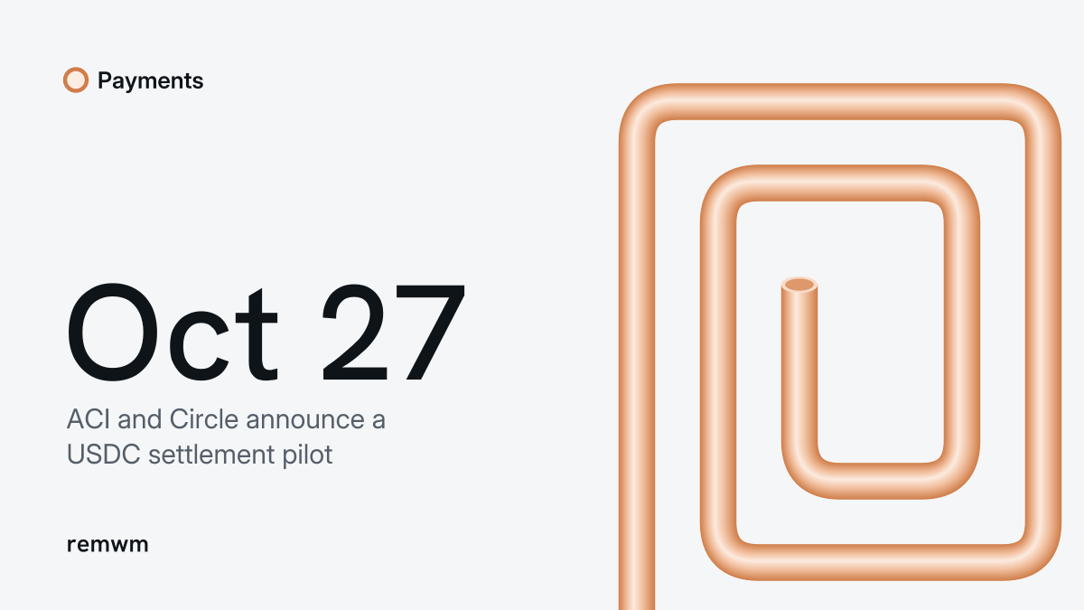 Orange tube shaped as nested squares beside the date Oct 27 and the caption: ACI and Circle announce a USDC settlement pilot.
