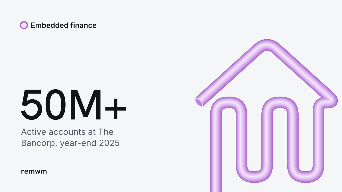 Lilac tube drawing a bank with columns beside the figure 50M+ active accounts at The Bancorp