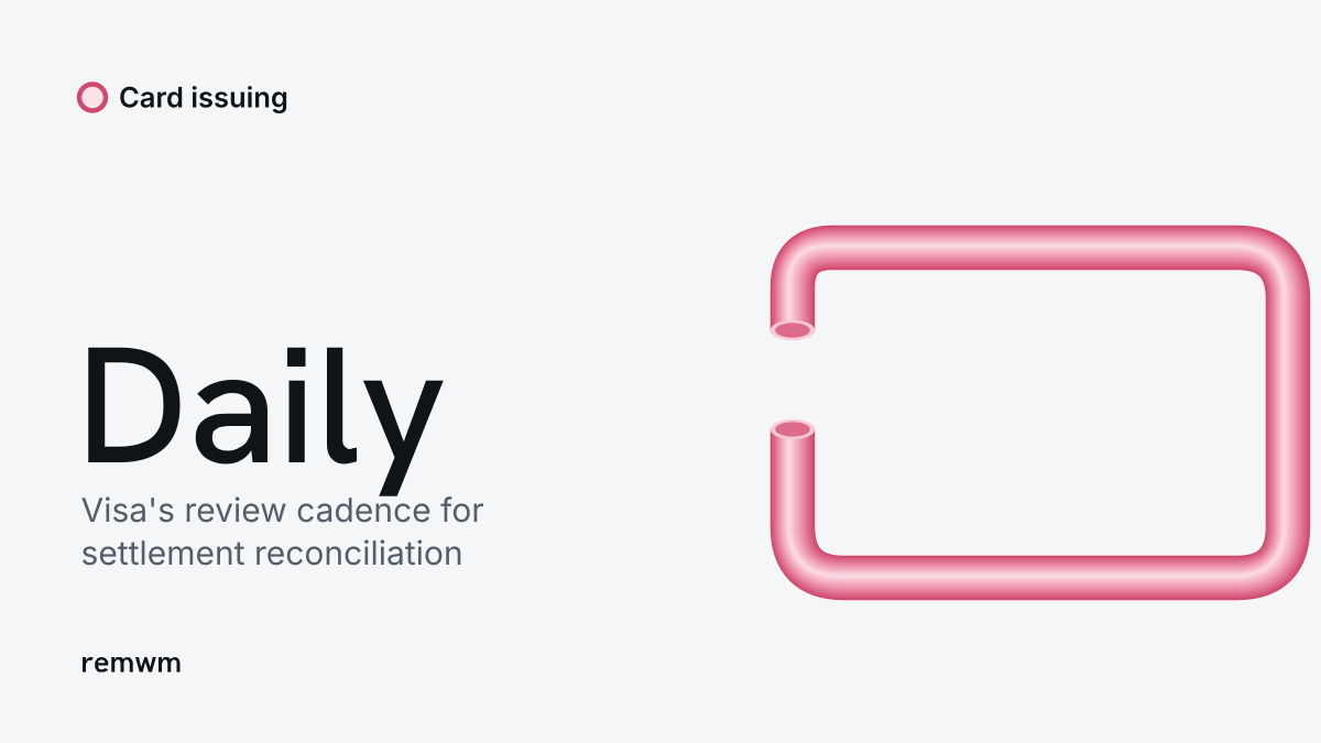 A rose tube drawn as a card outline beside the word Daily, Visa's review cadence for settlement reconciliation reports.