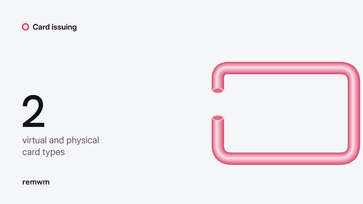 A rose-colored continuous tube forms an open payment-card outline beside the figure 2 for virtual and physical card types.