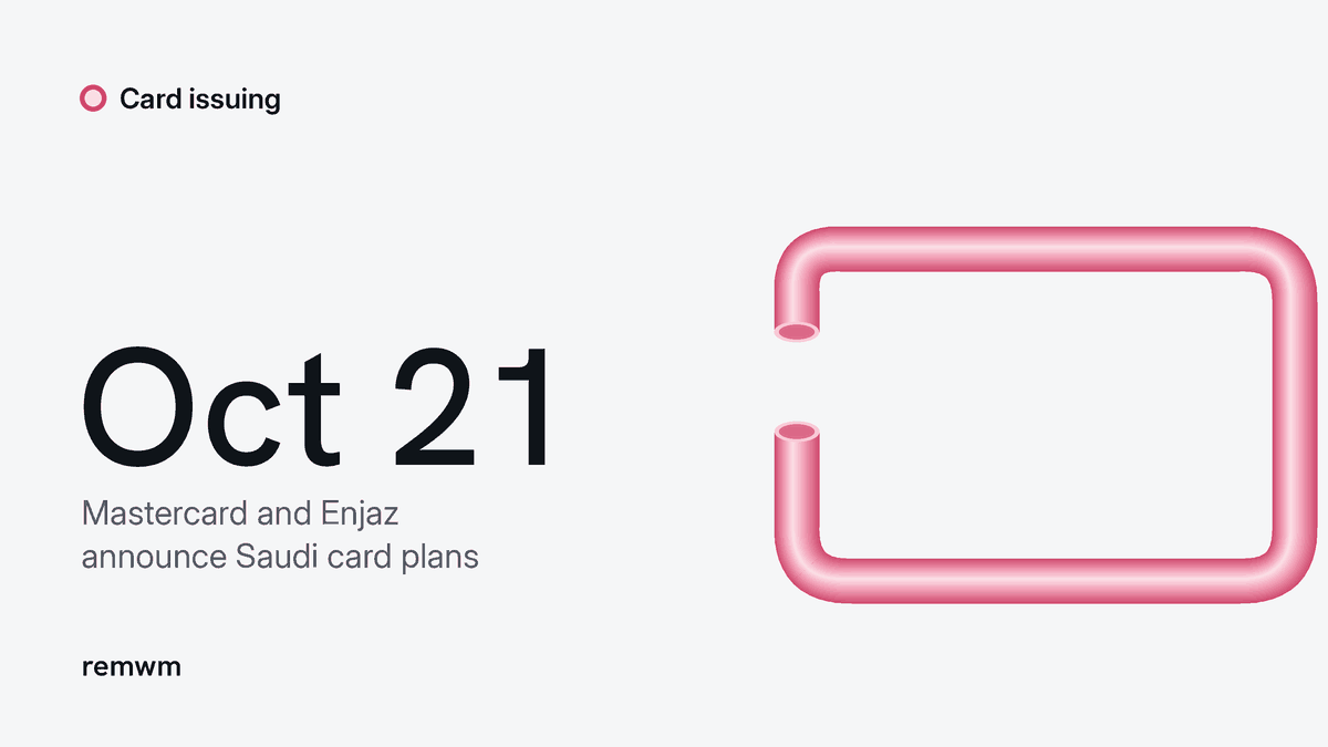A rose tube forms an open card outline beside October 21, the date Mastercard and Enjaz announced Saudi card plans.