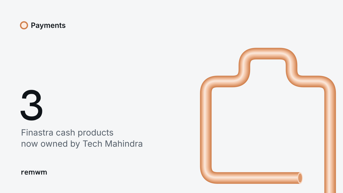 An orange tube drawn as a briefcase beside the figure 3, the Finastra cash management products acquired by Tech Mahindra.
