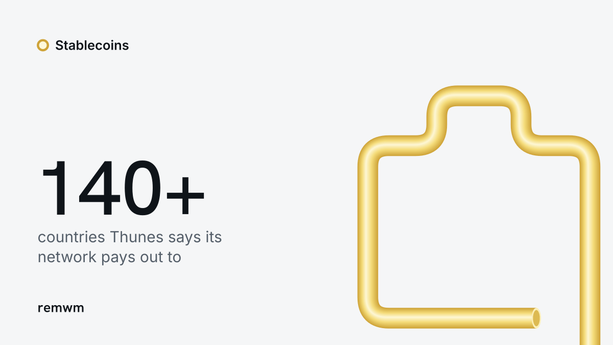 Yellow tube drawn as a briefcase beside the text: 140+ countries Thunes says its network pays out to