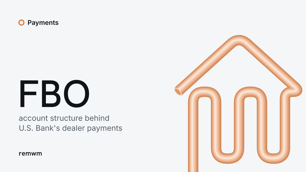 Orange tube drawn as a bank building beside the text: FBO, account structure behind U.S. Bank's dealer payments