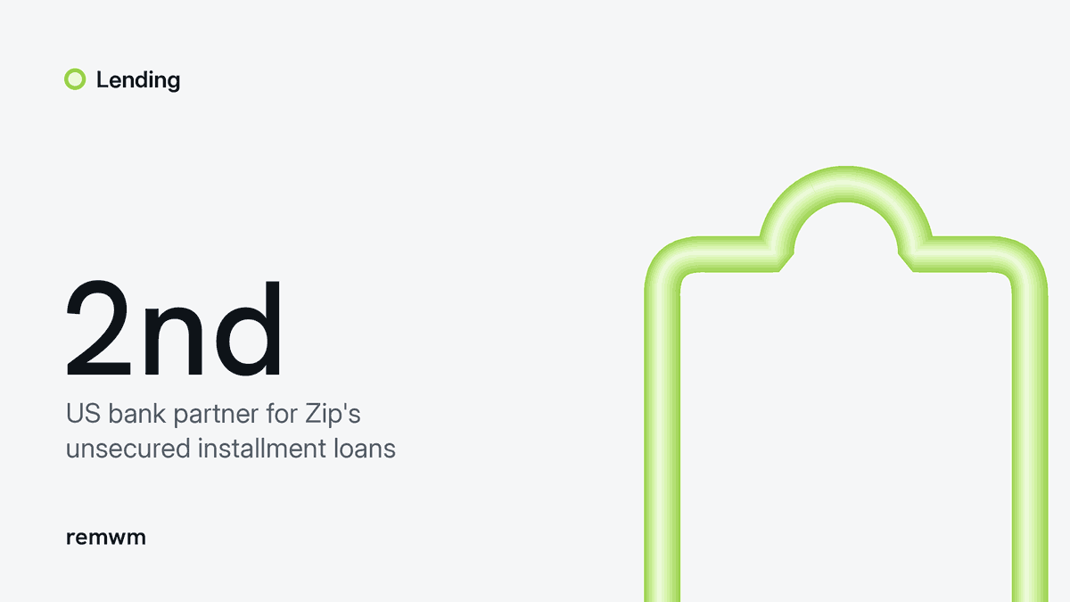 Lime shopping bag outline marked 2nd, for Column as Zip's second US bank partner for installment loans