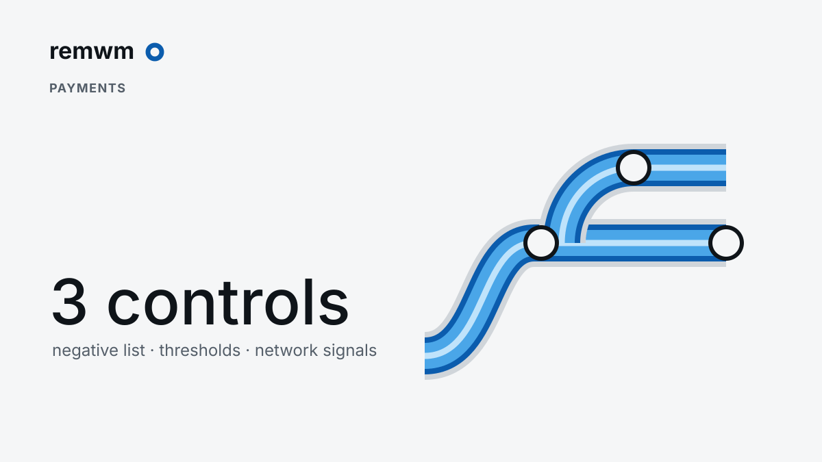 Blue tube branching through three FedNow risk controls: negative lists, activity thresholds and network signals